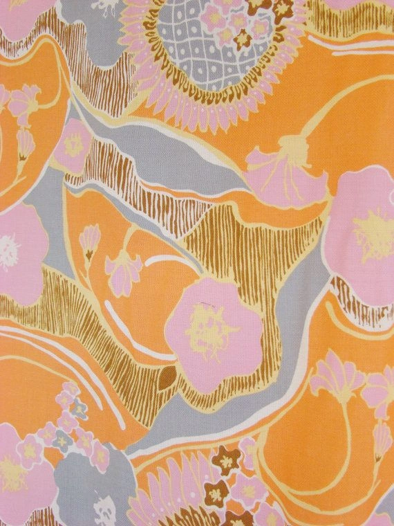 RESERVED- 5ydsVintage Upholstery Fabric-Pastel-ORANGE SHERBET, Pink, Blue-Funky Jacobean Print