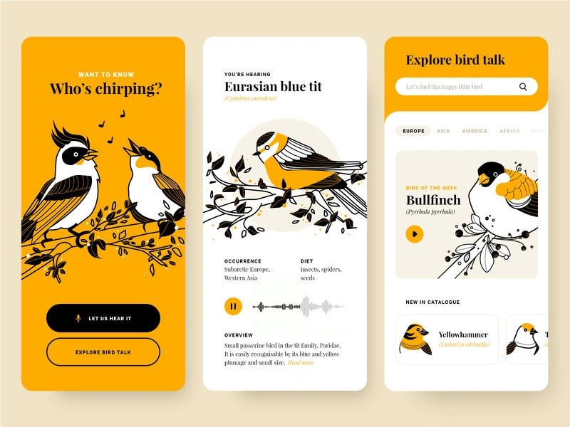 Who's chirping? voice recording concept product design flat fireart studio fireart bird mobile ui drawing application mobile illustration app ui design ui ux design