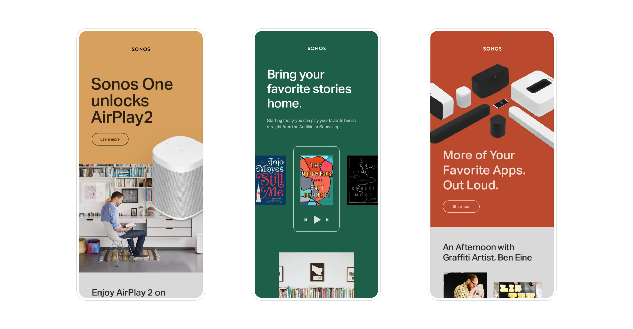 A triptych of email designs viewed on mobile devices. The first device is a photo of man in a home office with white Sonos One speaker. The second features three colorful album covers and photo of bookshelf on forest green background. The last contains a 