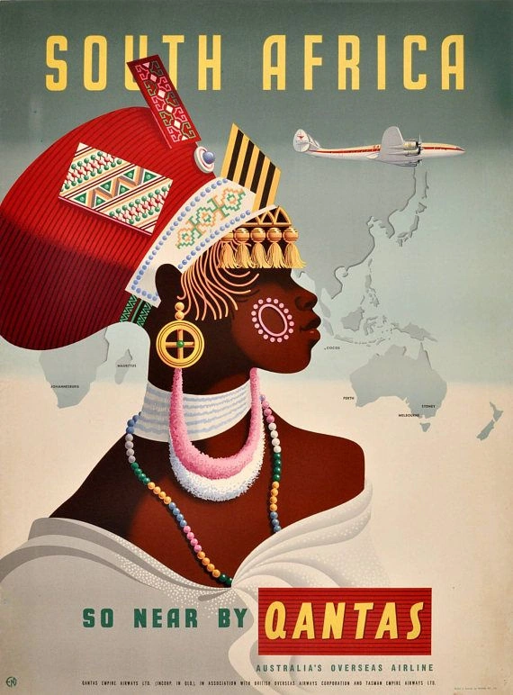 rare vintage travel poster- South Africa- Australia AirlInes- voyage- fine art print- design