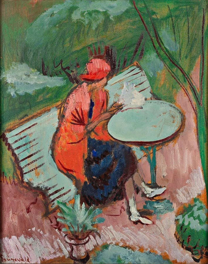 Isaac Grünewald, todays painting The Red Shawl, signed but undated. A portrait of a woman in a red shawl, on a bench, reading a newspaper. Fine Art America.