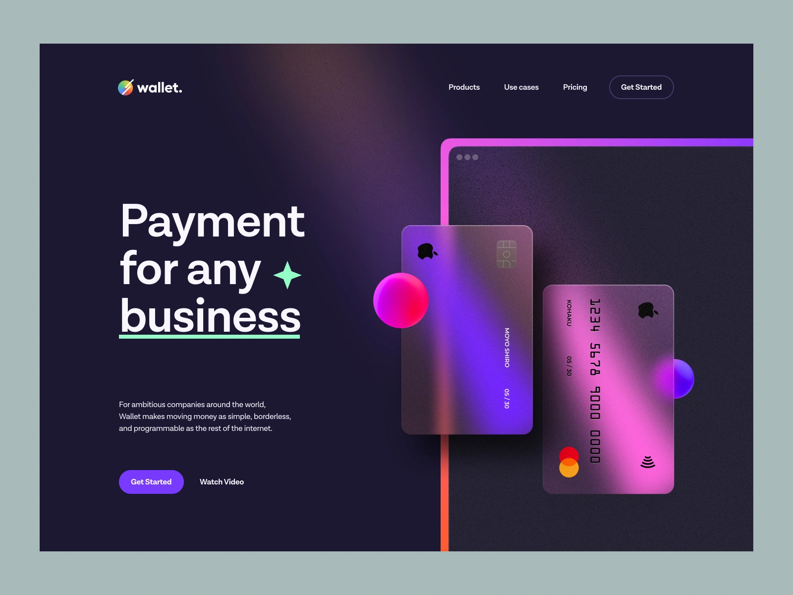 Wallet – Hero Header v.5 interface website web typography dark mode dark theme navigation glassmorphism blur gradient credit card illustration landing page hero header payment wallet ux design ui design ux ui