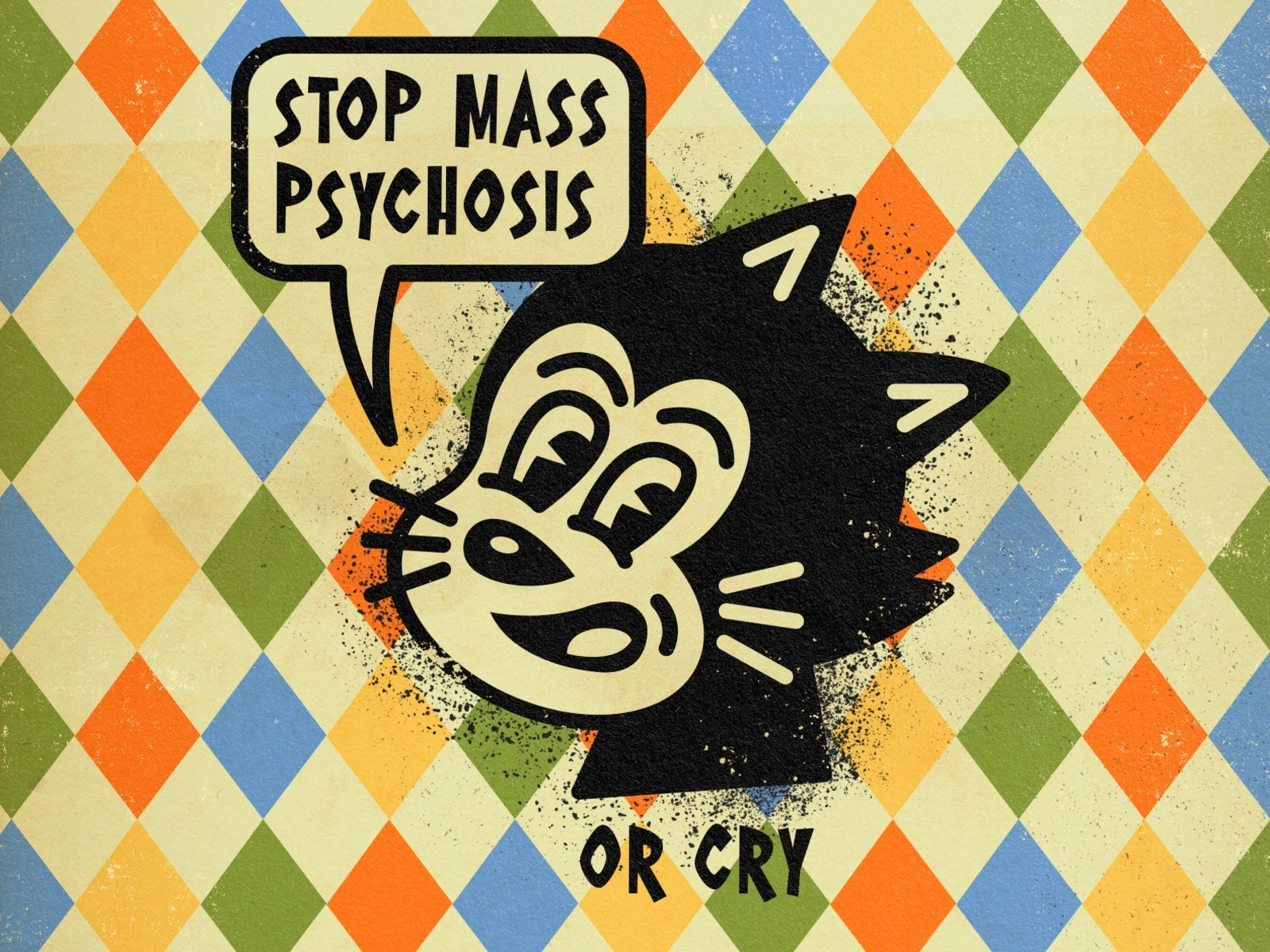 Stop mass psychosis 🏳 covid19 coronavirus popular popart postcard psycho lowbrow vintage cat texture cool retro 1930s cartoon old school 1930 vector old cartoon cartoon character illustration