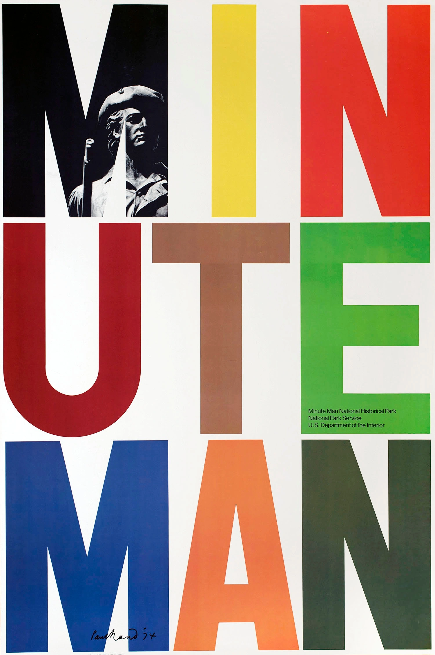 Poster with the large letters of "Minute Man" in three three-letter rows, all in different colors. The first "M" appears cut from a black-and-white photograph of Daniel Chester French's statue of a minuteman.