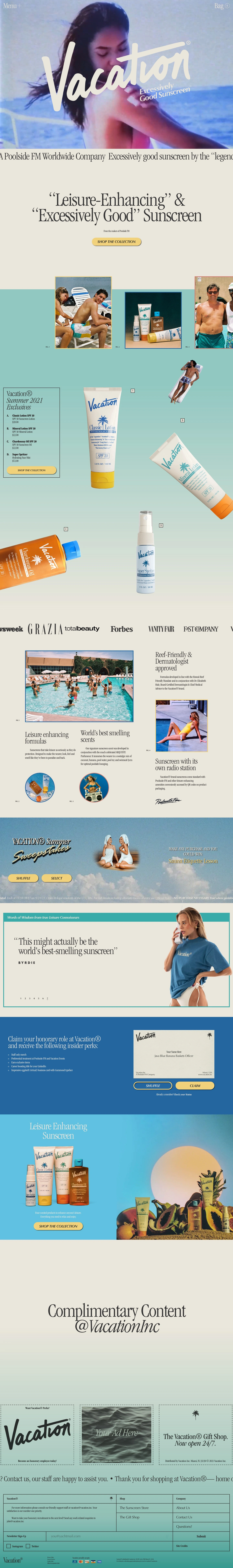 Vacation Landing Page Example: Sunscreen that takes leisure as seriously as it takes protection. Hawaii reef friendly, dermatologist approved, “world’s best smelling scents” and more. Optimized for leisure and protection. 