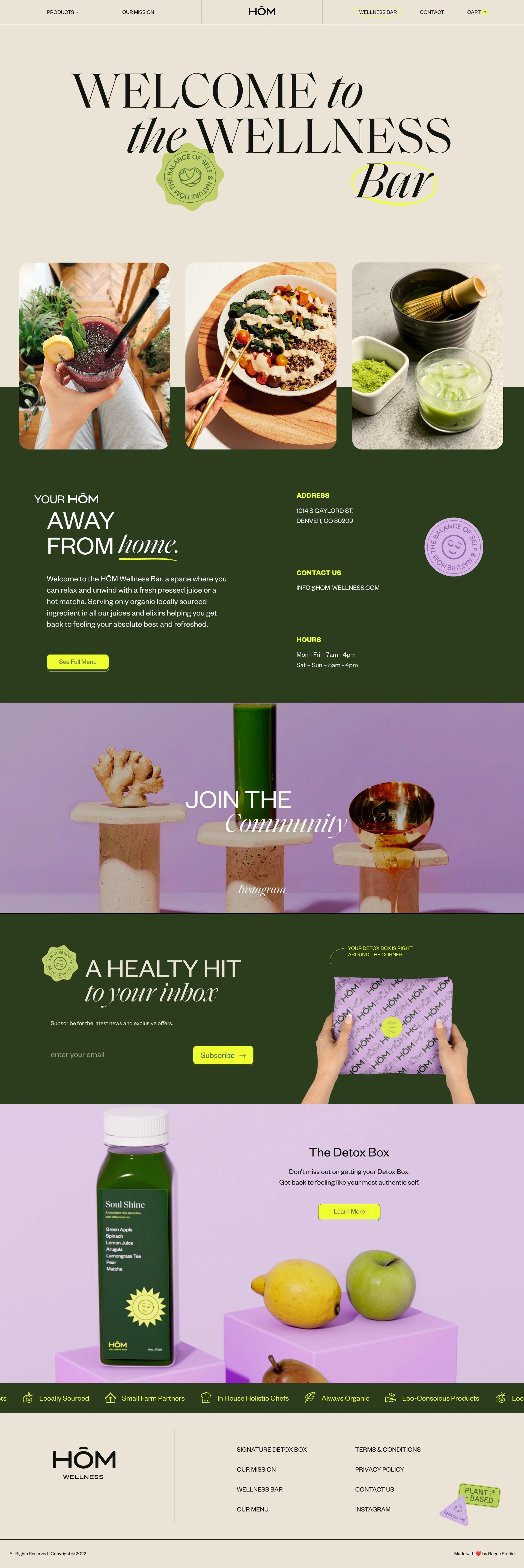 HŌM Wellness Landing Page Example: At HŌM, we believe that food should be high-quality and all organic, so we source all of our ingredients from local suppliers and farms that use health-centric, sustainable agricultural practices to ensure peak freshness