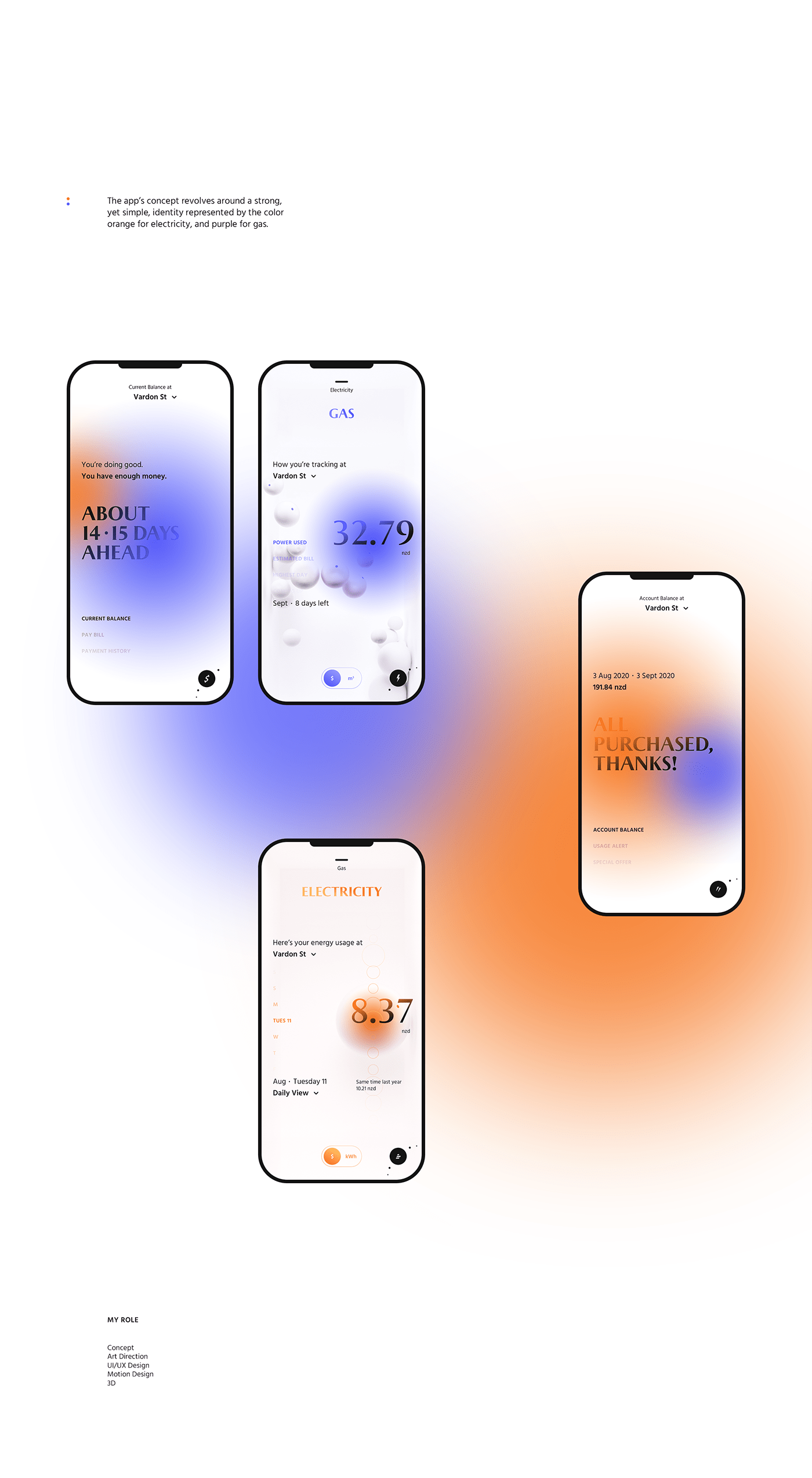 3D app electricity Gas interaction interactive minimalist mobile product design  UI/UX