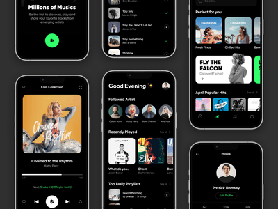 Music App app appui clean dark ui mobile app music music app music player play player playlist podcast profile social song spotify stream ui uidesign uiux