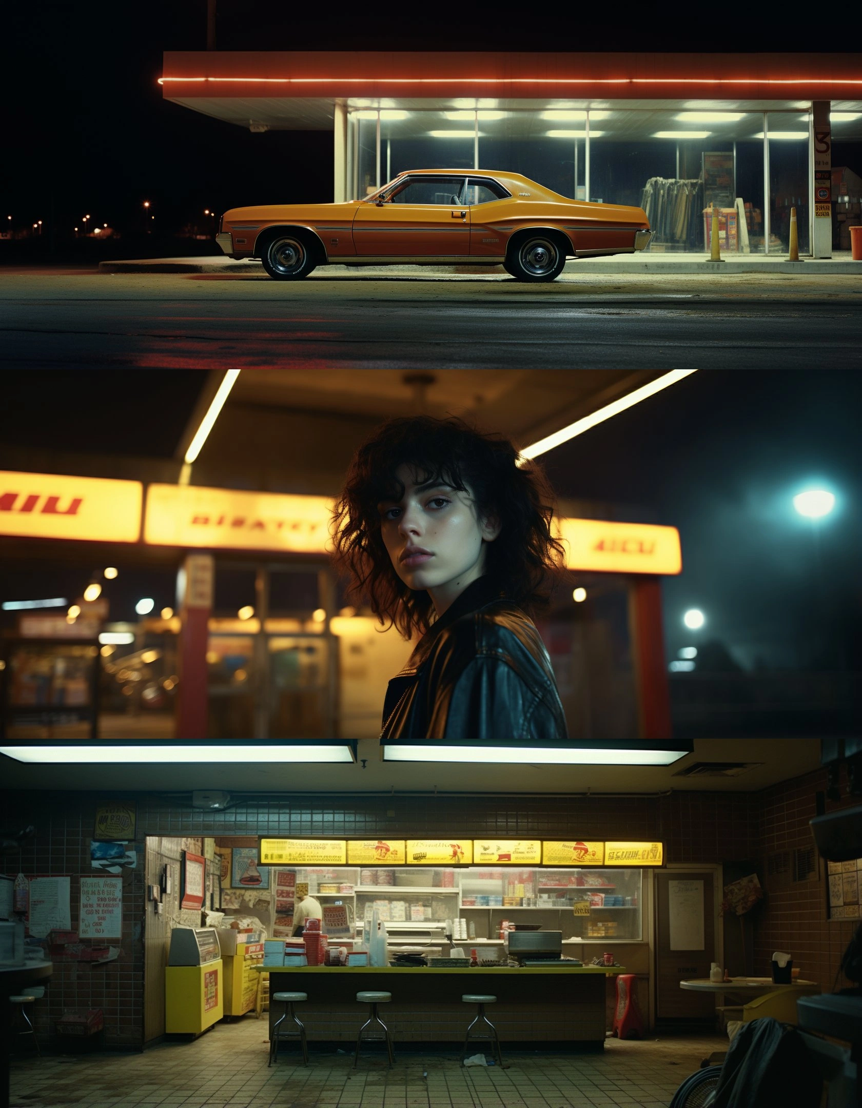 cinematic shot, American muscle car standing in front of illuminated gas station at night, darkness illumination, Kodak film, Classic American vistas --ar 21:9 --c 10 --style raw

Cinematic portrait, Beautiful Rebellious Woman standing in front of yellow 