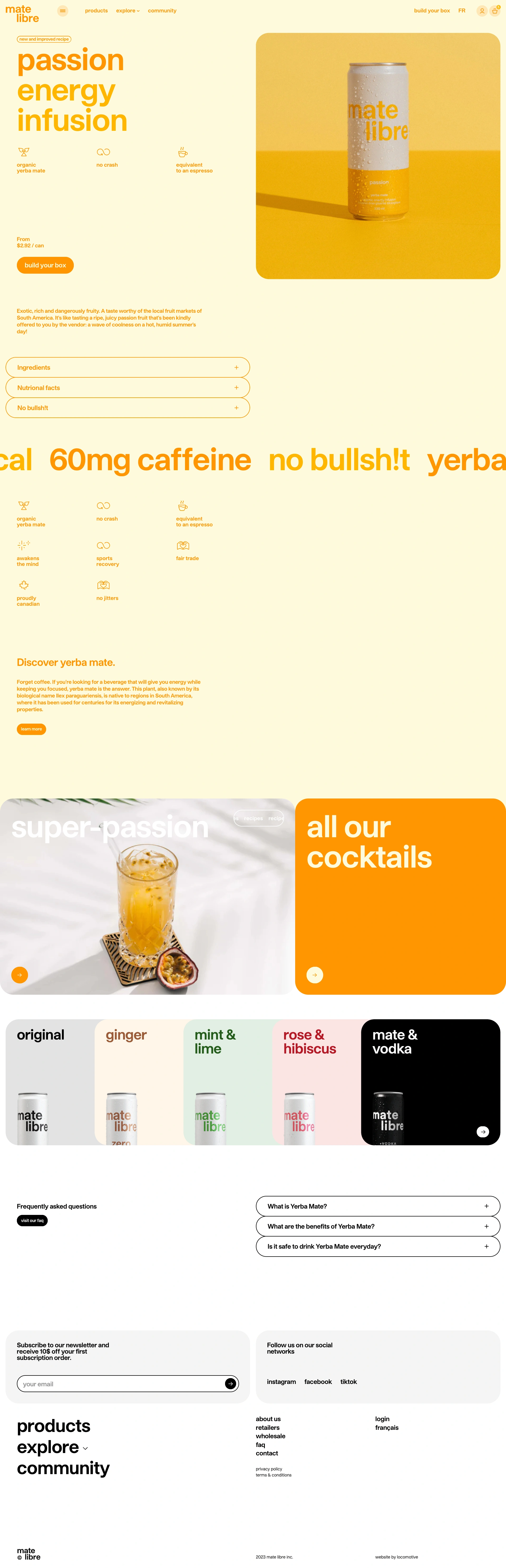 Mate Libre Landing Page Example: A better energy. Plant-based. Super Antioxidant. We create the best functional yerba mate drinks, low in sugar and perfectly balanced.