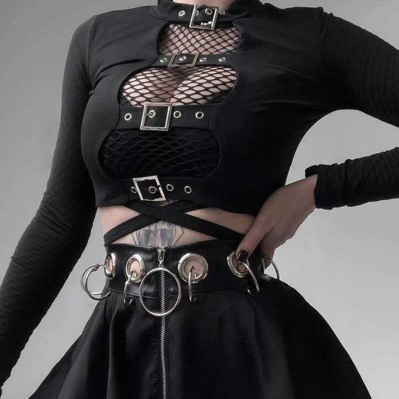 hollow out buckle long sleeve crop top - Black / L