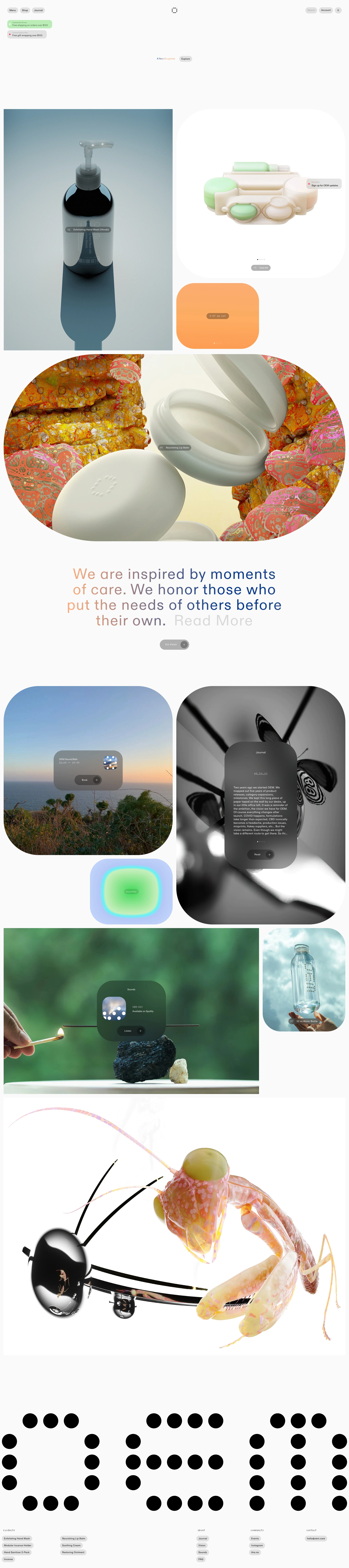 OEM Landing Page Example: OEM is a new drugstore developing tools for everyday ailments — products that nourish, soothe, restore, hydrate, and calm the body and mind.