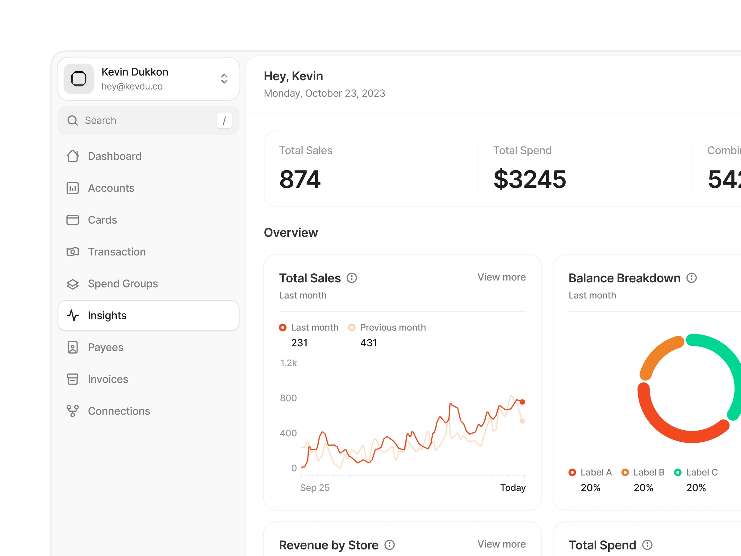 Accessible business banking Dashboard Interface. Visual charts and sidebar for navigation, finance insights