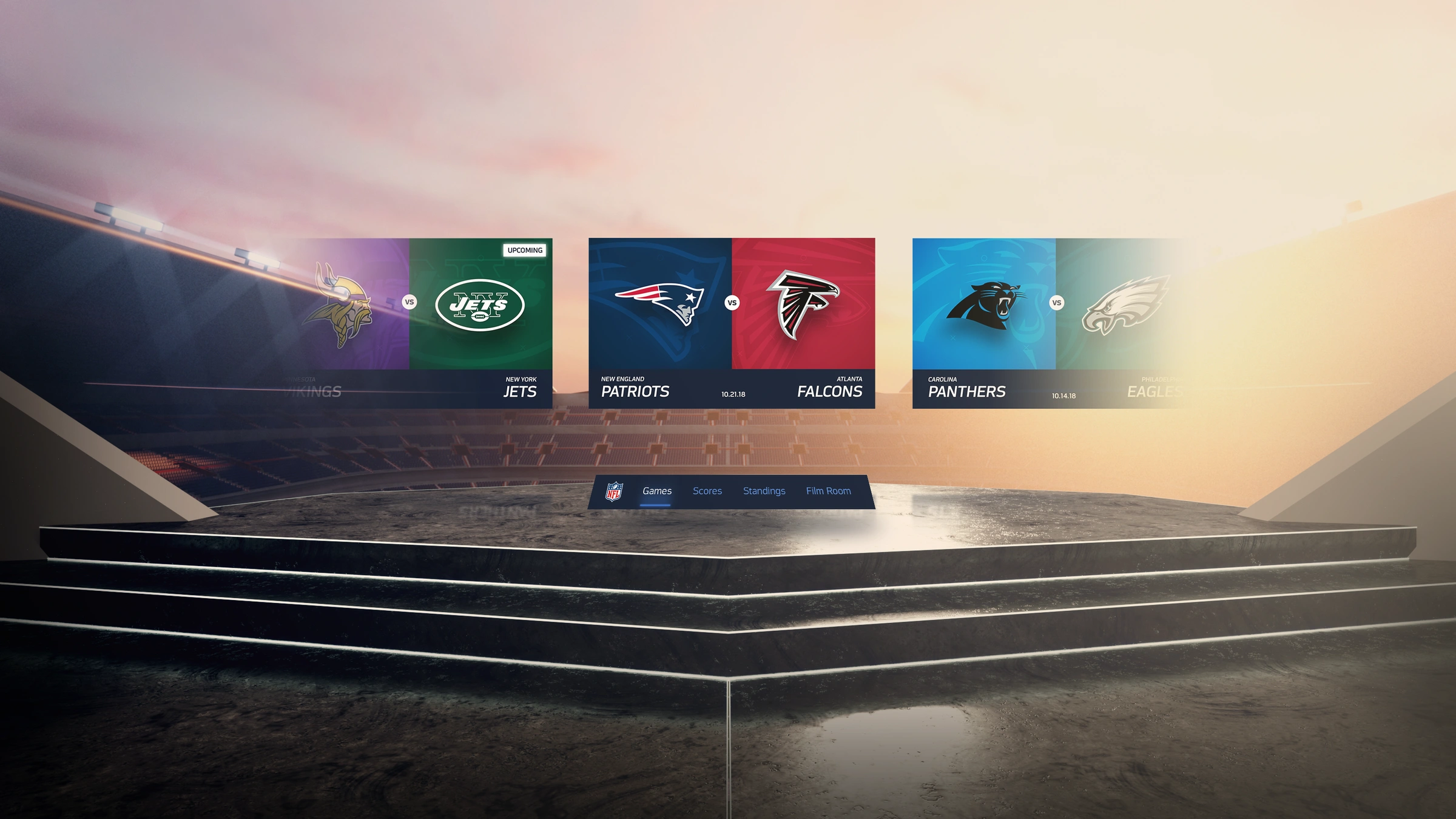 A rendering of the stadium with UI elements provides users an affordance to select an NFL match to watch.