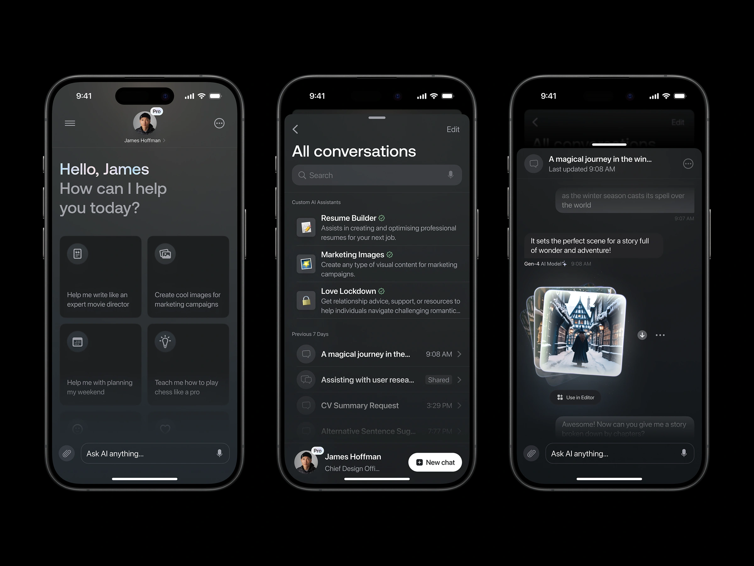 Gen AI Mobile UI Design in Dark Mode