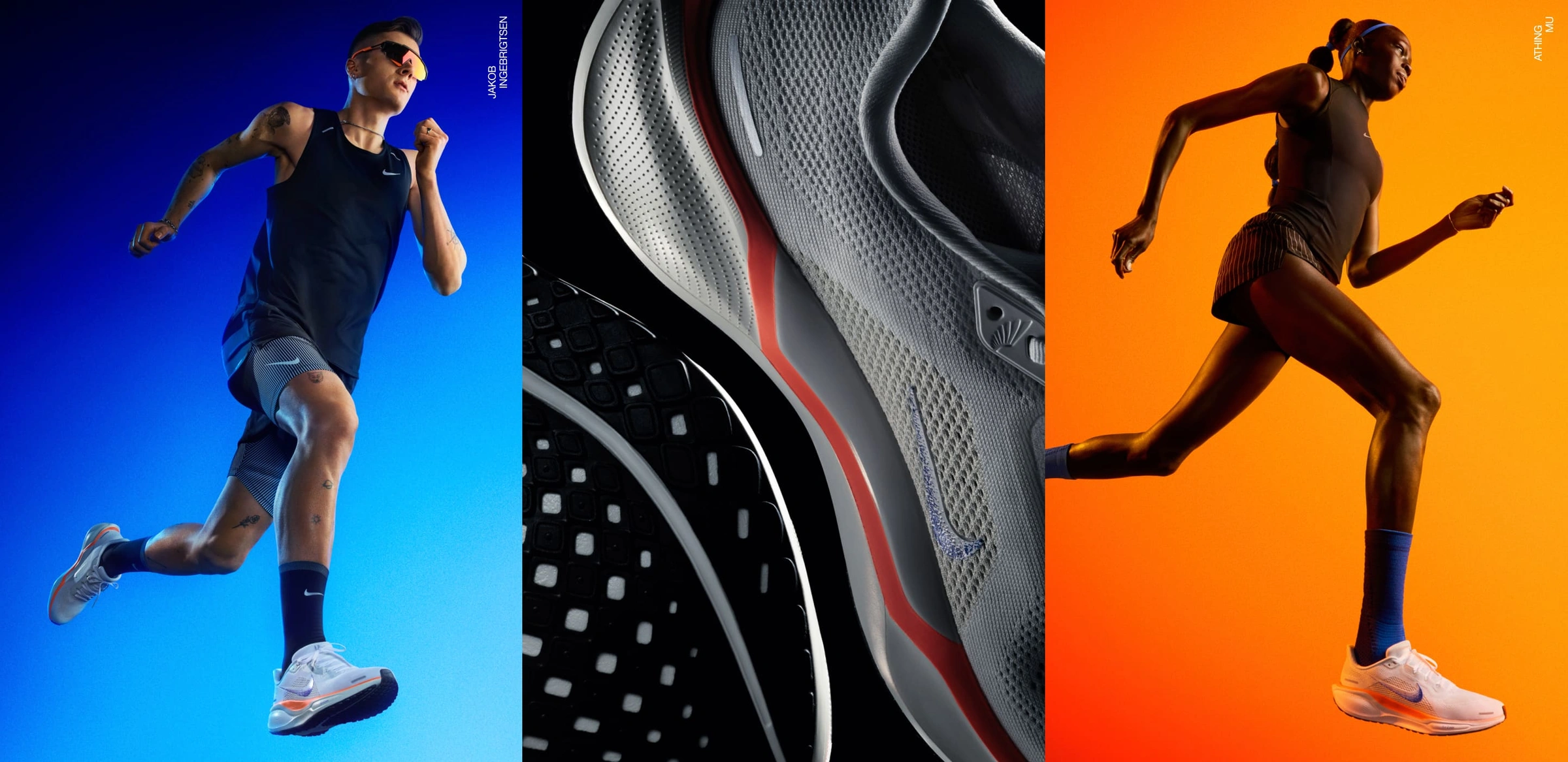 Jakob Ingebrigtsen shown from below running in Nike Pegasus 41 featuring Nike Air Zoom technology. A pair of Nike Pegasus 41 running shoes in the white, blue and orange Nike Blueprint colourway featuring Nike Air Zoom technology. Against a gradient backgr