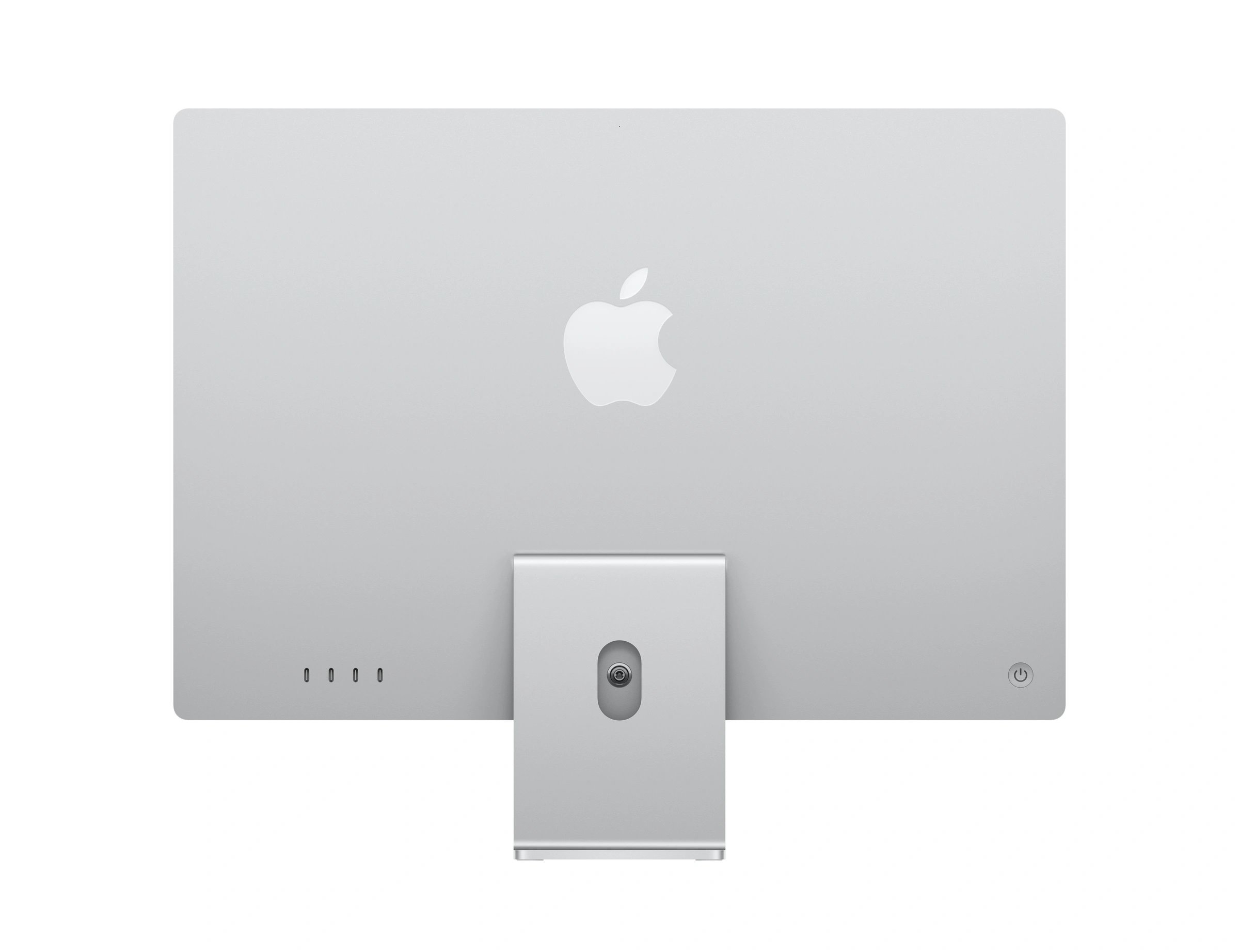 iMac in Silber, Rückseite, Netzanschluss, Ein‑/Aus­schalter, vier Thunderbolt Anschlüsse, Apple Logo in der Mitte, iMac Standfuß, der Standfuß und das Logo in einem farblich passenden helleren Silber