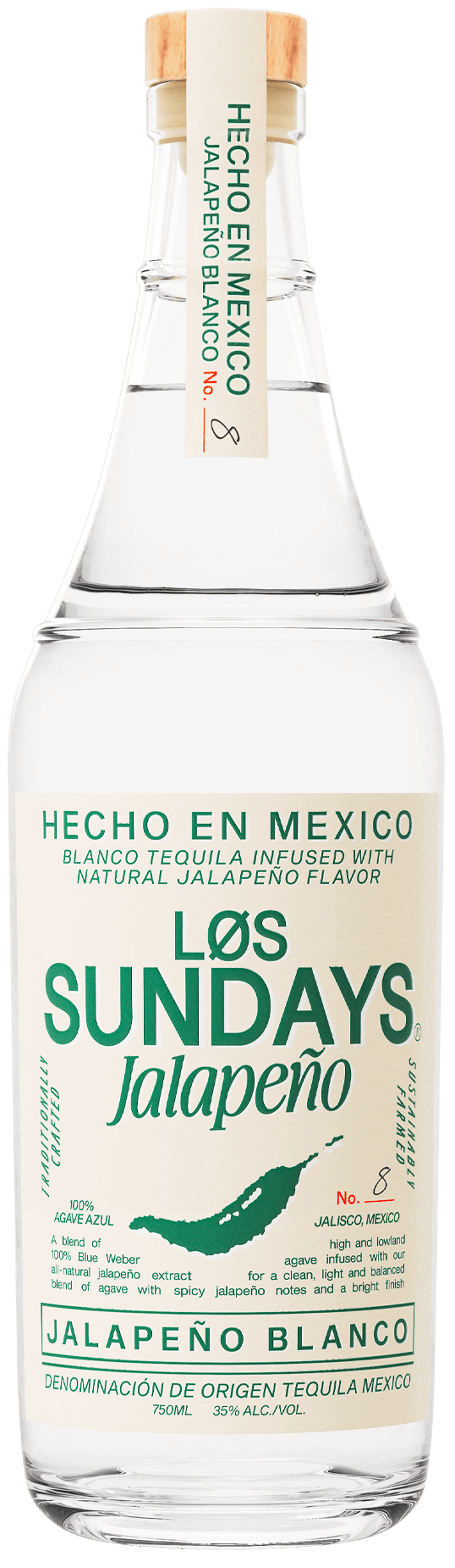 A bottle of Los Sundays Jalapeño Blanco Tequila, 750ml, 35% alcohol by volume, made in Mexico with natural jalapeño flavor.