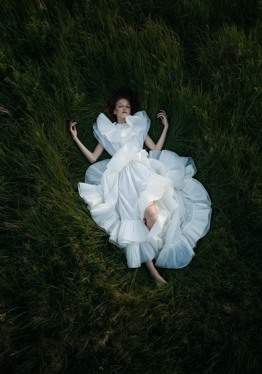 A model lying in a grassy field.