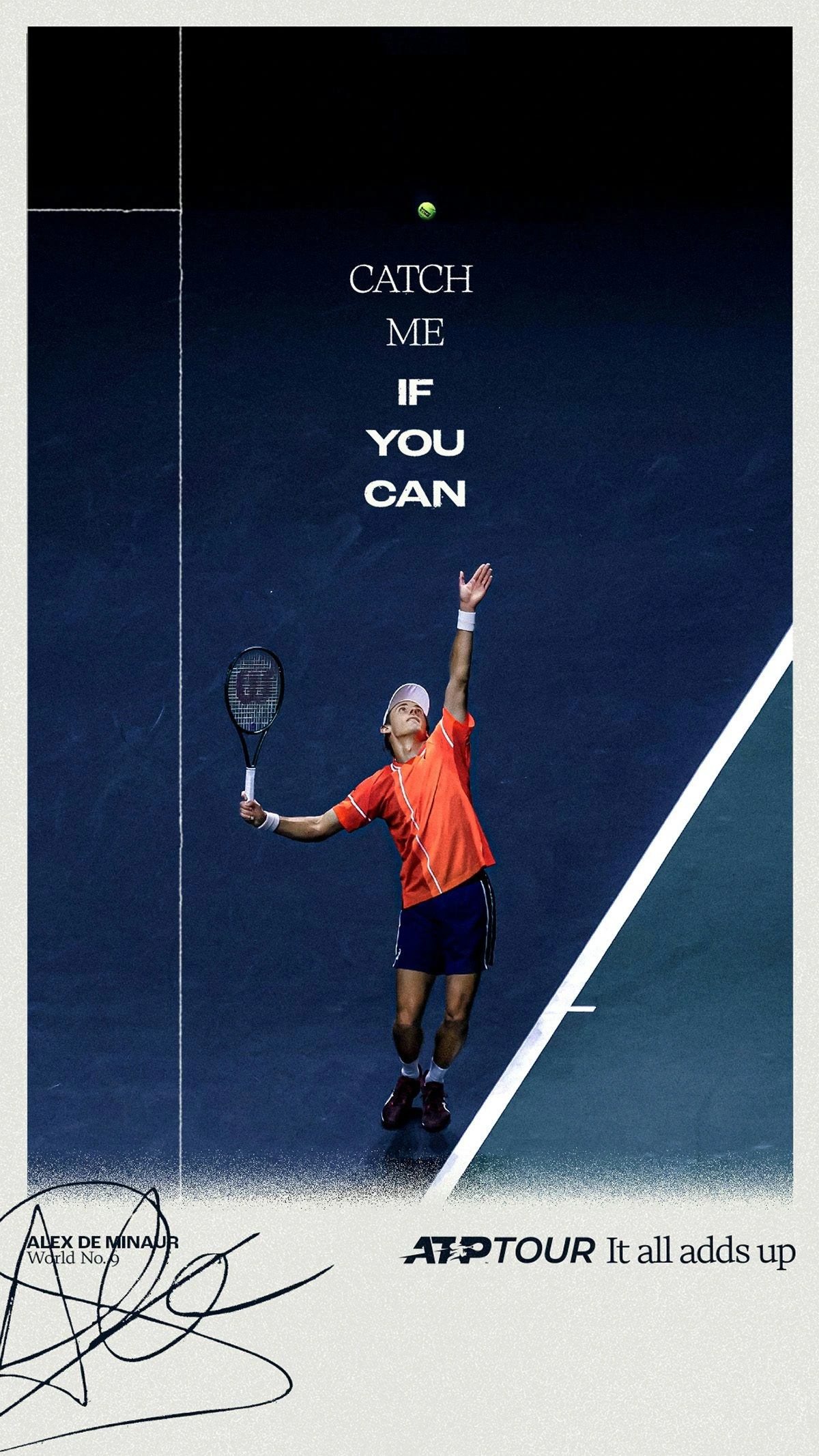 Campaign visual for the ATP Tour featuring a photo of tennis player Alex De Minaur serving in a match and the tagline 'it all adds up'