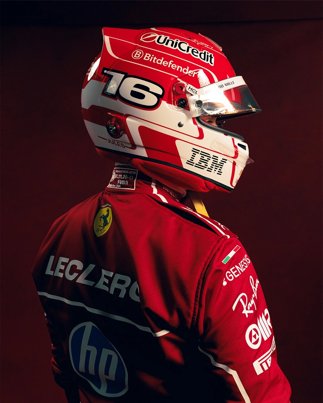 Photo shared by Scuderia Ferrari HP on February 13, 2025 tagging @charles_leclerc. May be an image of 1 person, racing a vehicle, helmet and text.