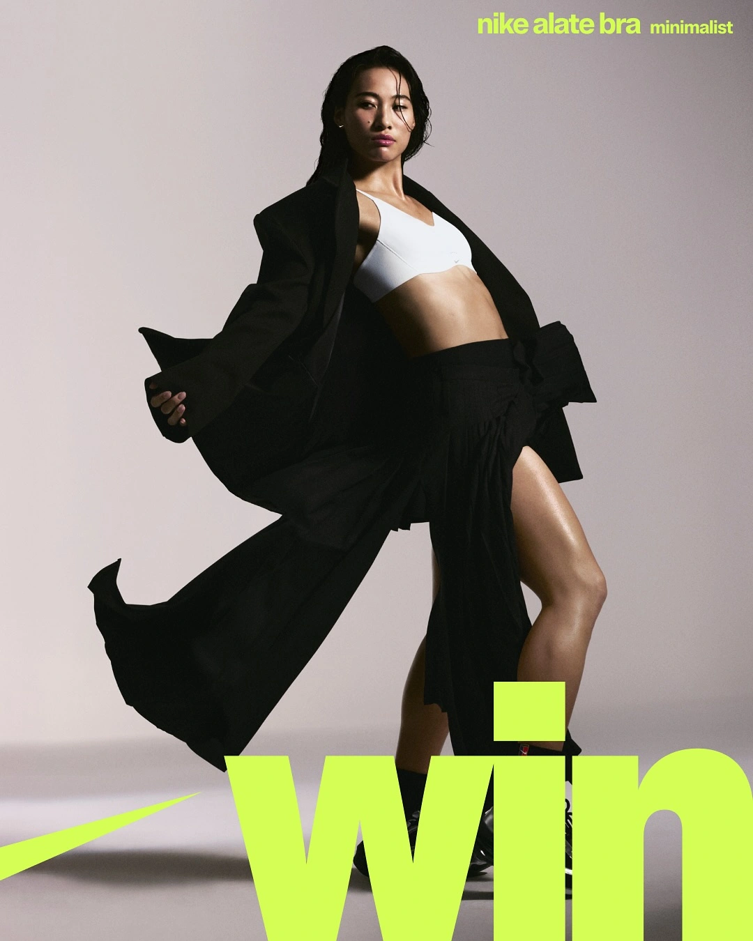 Photo by Nike Women on March 04, 2025. May be an image of 1 person, make-up, poster, outerwear, magazine and text that says "nike alate bra minimalist win".