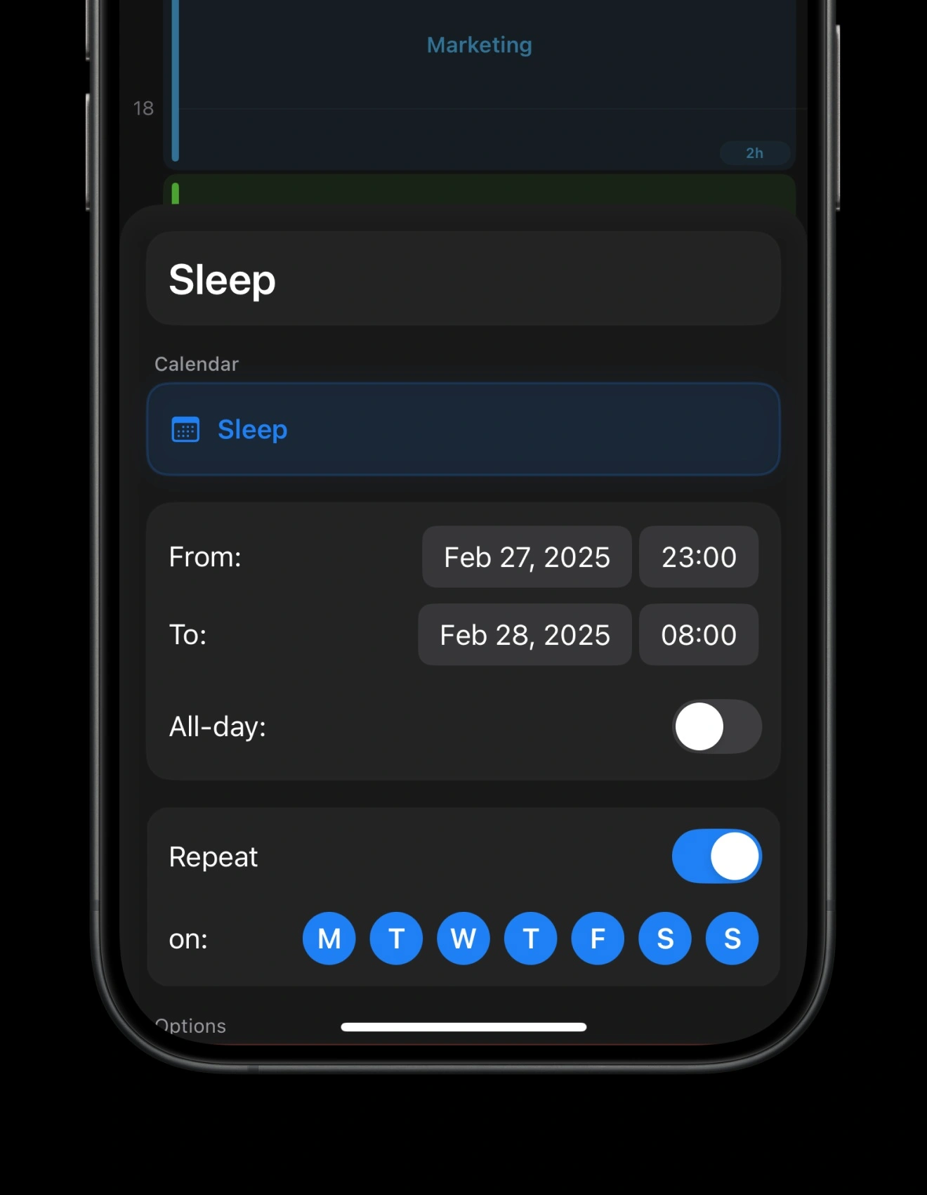 Ist möglicherweise ein Bild von Telefon, Thermostat, Bildschirm und Text „Marketing Sleep Calendar 8 Sleep From: To: Feb 27, Feb27,2025 Feb27,202523:00 2025 2025 23:00 Feb 28, Feb28,2025 2025 08:00 All-day: Repeat on: M T w T F Options S S“