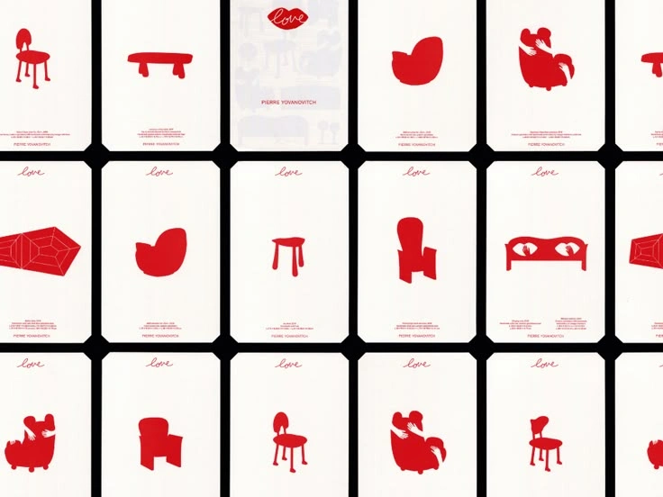 This may contain: nine red and white cards with images of chairs, tables, and other objects on them
