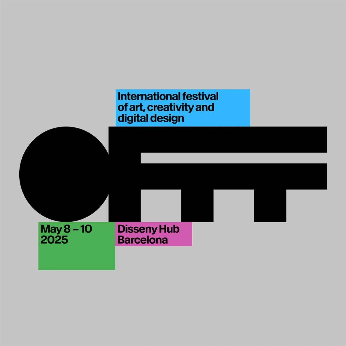 Offf Festival wordmark featuring thick black letterforms and 'F's that blend into one another, shown against a grey background