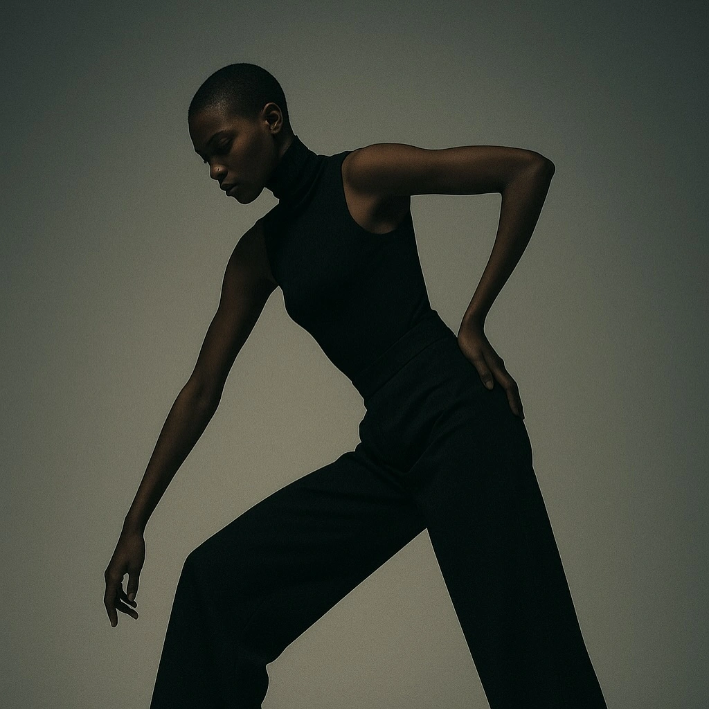 Photo by AI Creations on May 02, 2025. May be an image of 1 person, makeup, turtleneck, jumpsuit and text.