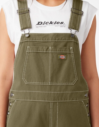 Women's Cropped Carpenter Bib Overalls - Dickies US, Stonewashed Military Green L