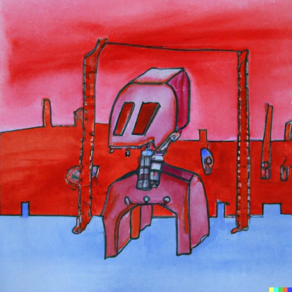 DALL·E 2022-11-13 06.49.07 - abstract pencil and watercolor art of a lonely robot eating human remains against a red sky