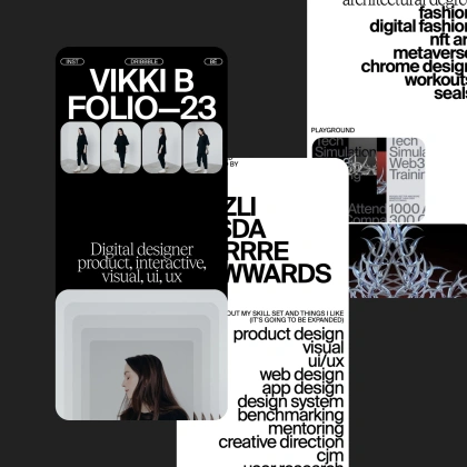 Photo by morrre.dsgn on May 07, 2023. May be a graphic of 5 people, poster, magazine and text that says 'S a fashio digital fashio nft ar metavers chrome desig workout seal CINST DRIBBBLE BE VIKKI Ð FOLIO-23 0000 BY ZLI DA RRRE WWARDS PLAYGROUND lech Simu