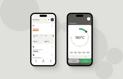 Fresco Kitchen app section designed by Samuel Medvedowsky. And a screen allowing user to control their smart appliance temperature.