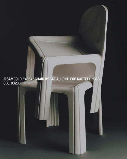 Photo by same old on May 05, 2023. May be an image of table, armchair, chair and text that says '©SAMEOLD, "4854" CHAIR BY GAE AULENTI FOR KARTELL, 1968 OBJ. 0323'.