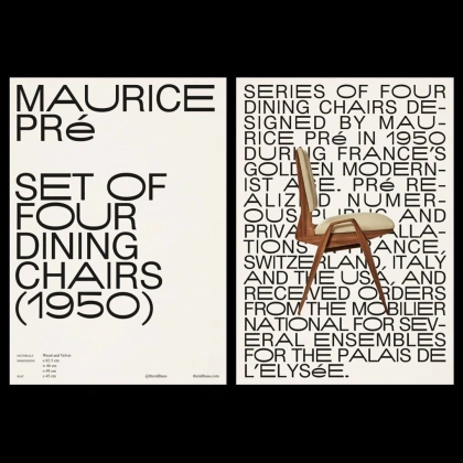 Photo by iamcollaps on May 21, 2023. May be an image of armchair, rocking chair, chair, poster and text that says 'MAURICE PRé SERIES OF FOUR DINING CHAIRS DE- SIGNED BY MAU- RICE PRé 1950 FRANCE'S EN MODERN- PRé RE- NUMER- AND GOLD SET OF FOUR DINING CHA