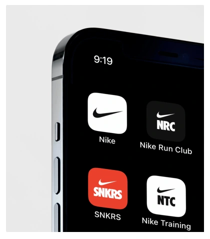 Nike apps on a mobile device. Nike, Nike Run Club, SNKRS, and Nike Training.