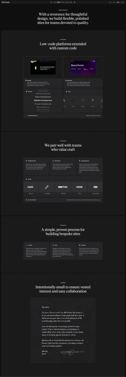 Old Friends Landing Page Example: Old Friends is an engineering studio. We build custom websites for teams who value craft.
