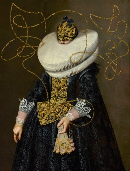 A digitally manipulated artwork by Pickenoy showing a woman with a huge ruff engulfing much of her face and gold cord from her dress tangling around her head.