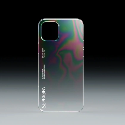 Transparent Super Spa phone case with iridescent finish.