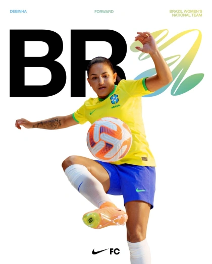 Photo shared by Nike Football (Soccer) on July 29, 2023 tagging @nike, @debinhaa7, and @selecaofemininadefutebol. May be an image of 1 person, playing football, playing soccer, poster, ball, sports equipment, magazine, stadium and text that says 'DEBINHA 