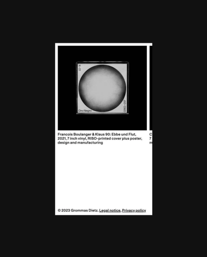 Photo by Klikkenthéke on September 01, 2023. May be a black-and-white image of blueprint, eclipse and text that says '10-x OroNegro Francois Boulanger Klaus 90: Ebbe und Flut 2021,7 inch vinyl, RISO-printed cover plus poster, design and manufacturing m 20