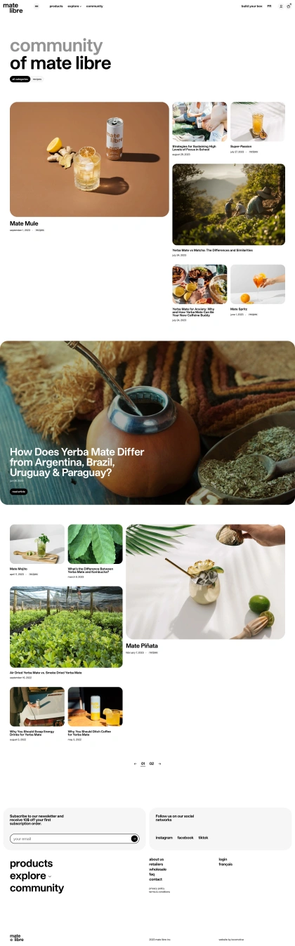 Mate Libre Landing Page Example: A better energy. Plant-based. Super Antioxidant. We create the best functional yerba mate drinks, low in sugar and perfectly balanced.