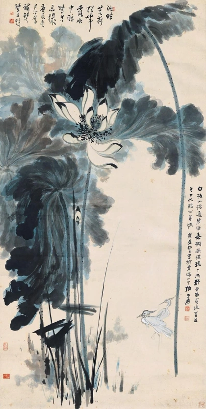 Large vertical Ink-blue colour lotus art print, masterpiece replica, Zhang Daqian, Chinese xieyi ink wash lotus painting, sumi e lotus, DQBT