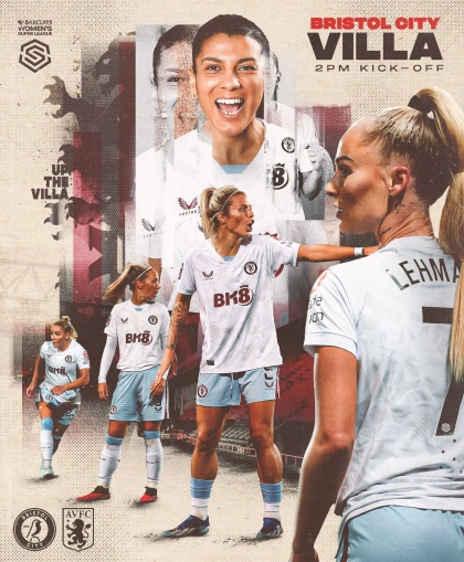 Matchday graphic, featuring Kenza Dali, Adriana Leon, Jordan Nobbs, Rachel Daly and Alisha Lehmann, for Aston Villa's Barclays WSL fixture with Bristol City.