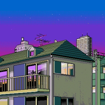 Pixel art house and city view with synthwave colours.