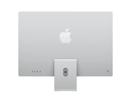 iMac in Silber, Rückseite, Netzanschluss, Ein‑/Aus­schalter, vier Thunderbolt Anschlüsse, Apple Logo in der Mitte, iMac Standfuß, der Standfuß und das Logo in einem farblich passenden helleren Silber