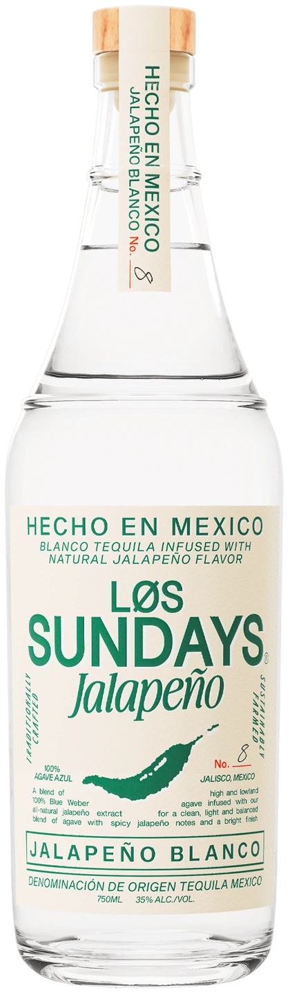 A bottle of Los Sundays Jalapeño Blanco Tequila, 750ml, 35% alcohol by volume, made in Mexico with natural jalapeño flavor.