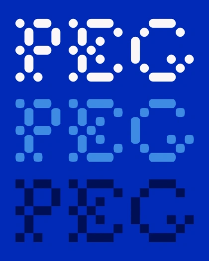 An image displaying the word 'Peg' repeated three times, with each instance showcasing the variable font axes interpolating from 0 to 1000. The transitions move from sharp to smooth edges, with puckered details in between.