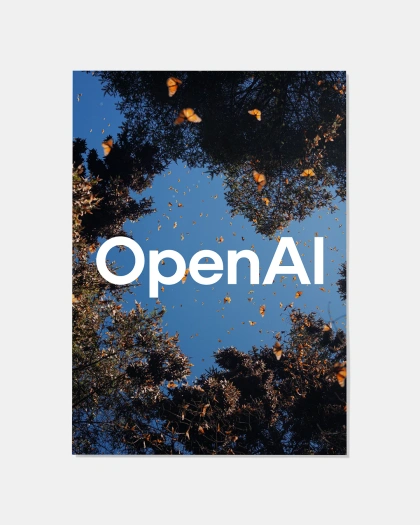 A poster featuring the OpenAI logo in bold white font centered over a background of a clear blue sky and tree canopies, with orange butterflies flying throughout.